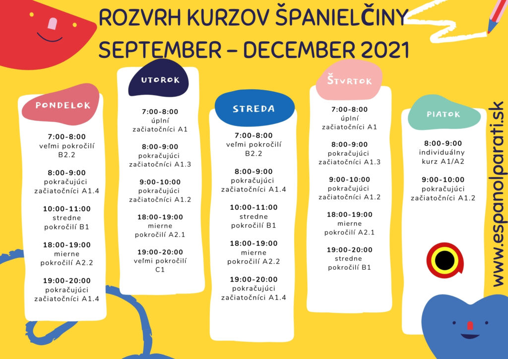 Rozvrh online kurzov španielčiny na jeseň 2021